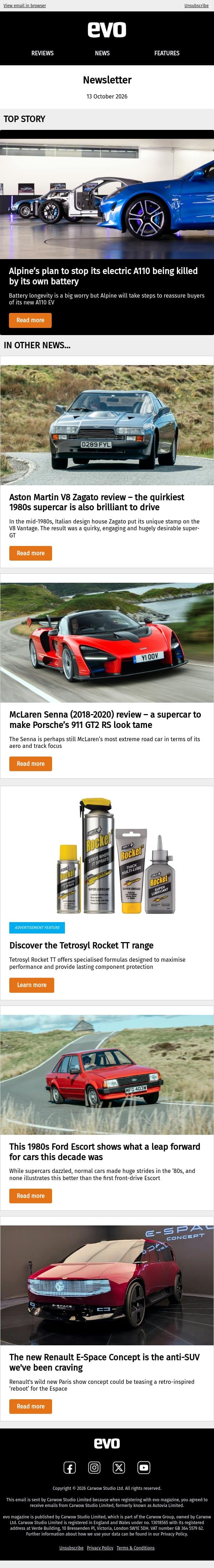 Alpine won't let dead batteries kill the next A110 email from Auto Express screenshot