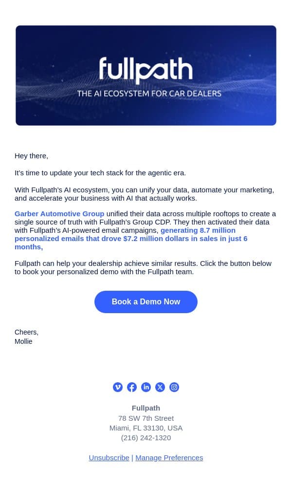 First-party data is the key to skyrocketing your dealership's revenues. email from AutoLeadStar screenshot