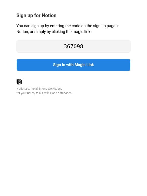 Your Notion signup code email from Automate.io screenshot
