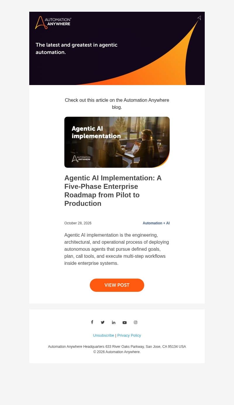 Hot off the presses: Agentic AI Implementation: A Five-Phase Enterprise Roadmap from Pilot to Production email from Automation Anywhere screenshot