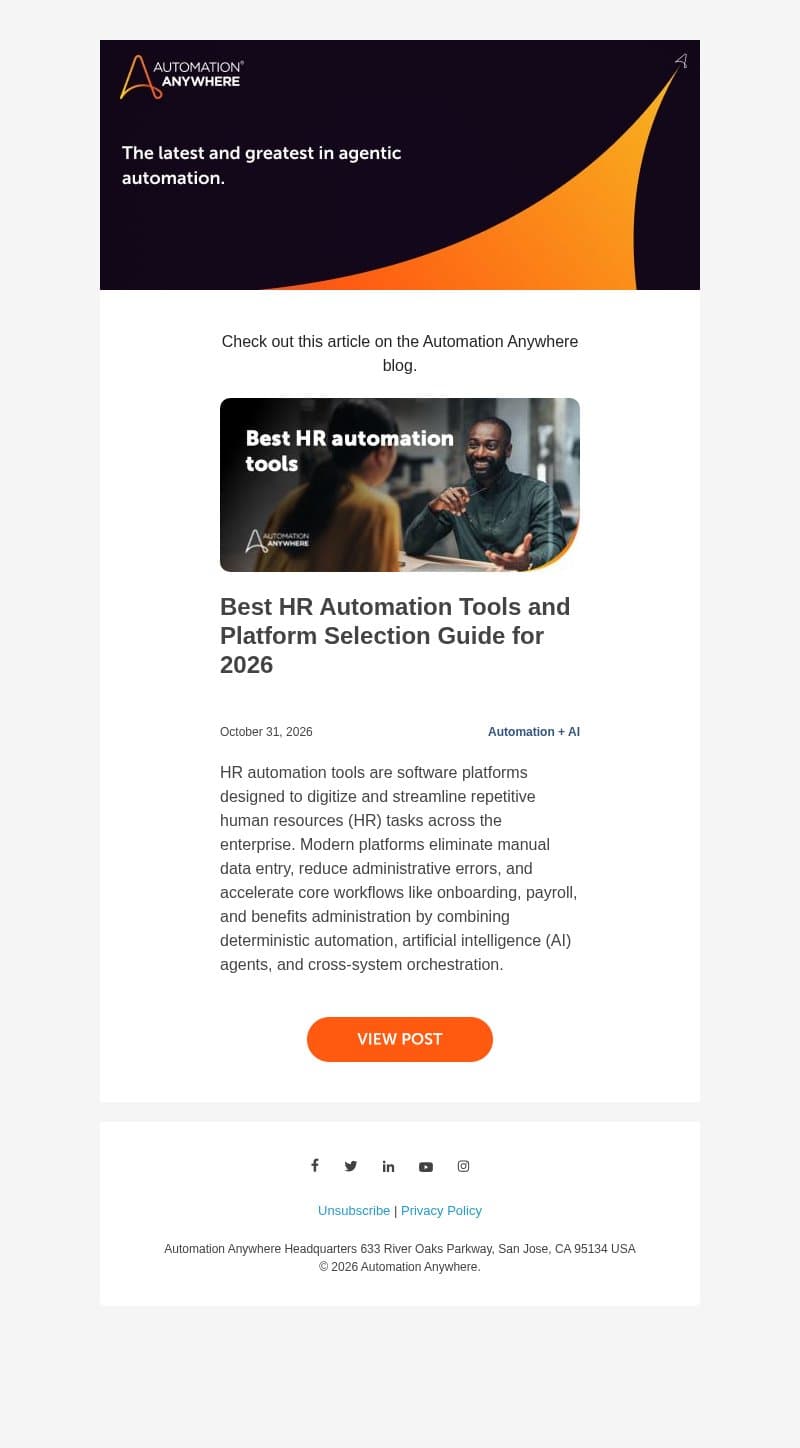 Hot off the presses: Best HR Automation Tools and Platform Selection Guide for 2026 email from Automation Anywhere screenshot
