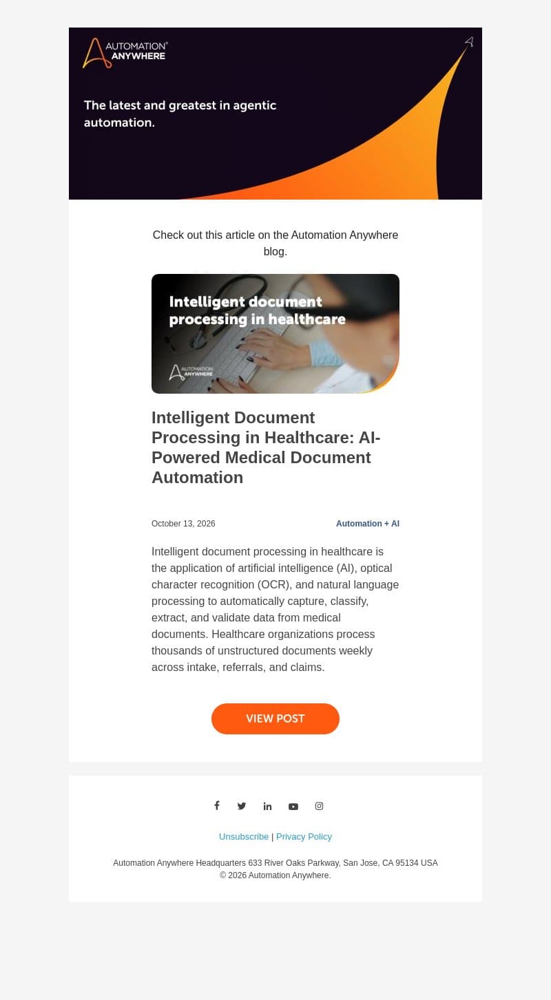 Hot off the presses: Intelligent Document Processing in Healthcare: AI-Powered Medical Document Automation email from Automation Anywhere screenshot