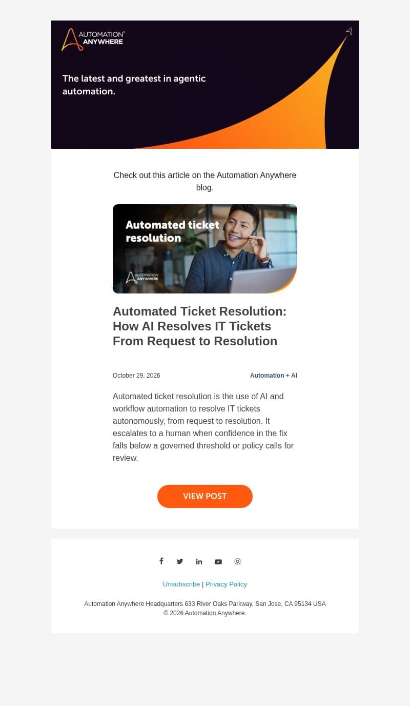 Hot off the presses: Automated Ticket Resolution: How AI Resolves IT Tickets From Request to Resolution email from Automation Anywhere screenshot