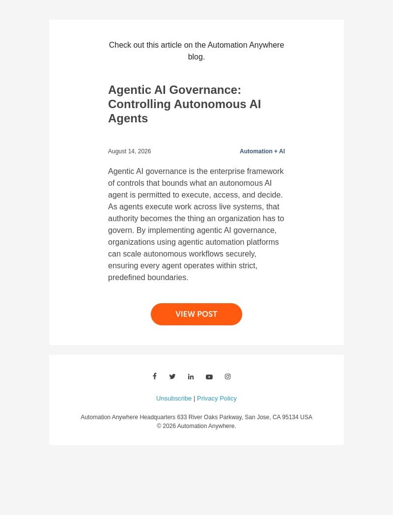 Hot off the presses: Agentic AI Governance: Controlling Autonomous AI Agents email from Automation Anywhere screenshot