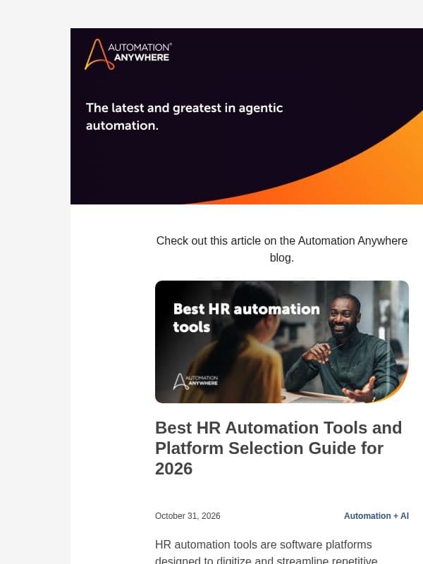 Hot off the presses: Best HR Automation Tools and Platform Selection Guide for 2026 email from Automation Anywhere