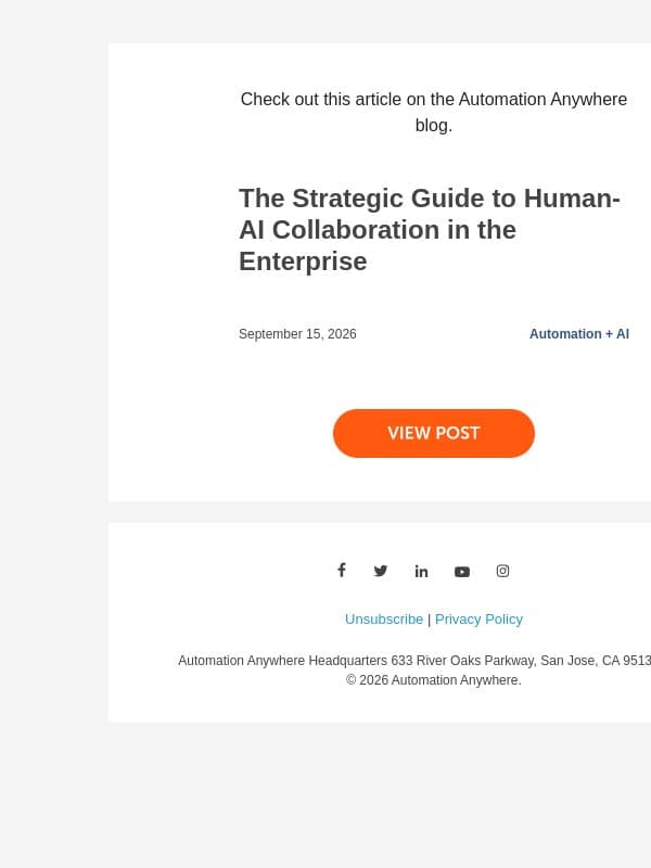 Hot off the presses: The Strategic Guide to Human-AI Collaboration in the Enterprise email from Automation Anywhere