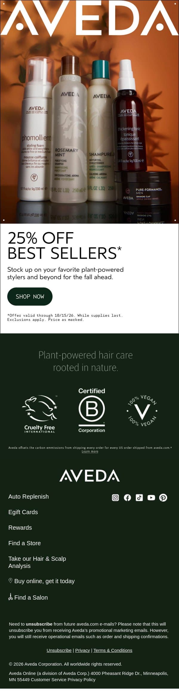 Your favorites are 25% off email from Aveda screenshot