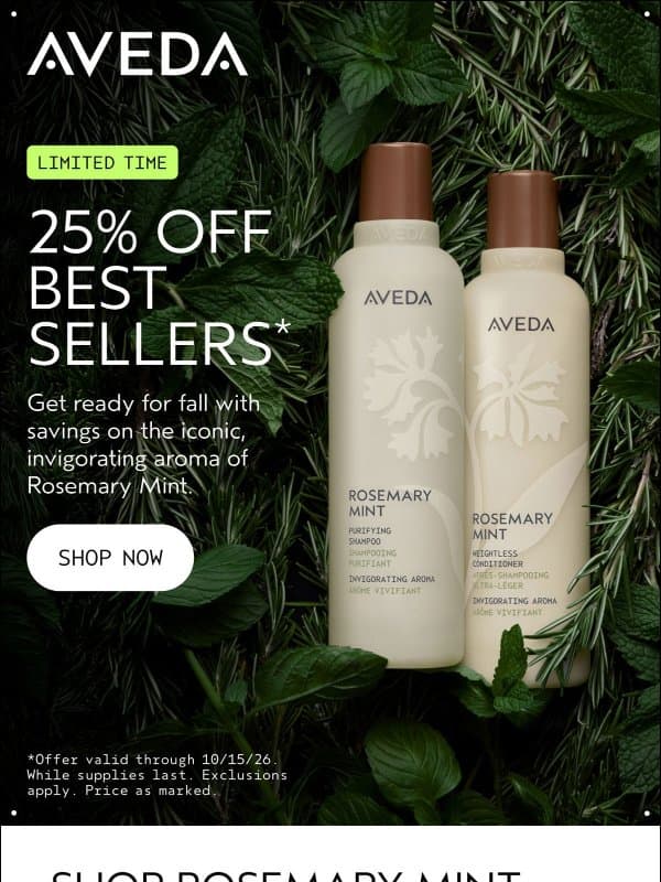 Refresh your fall ritual with 25% off best sellers. email from Aveda