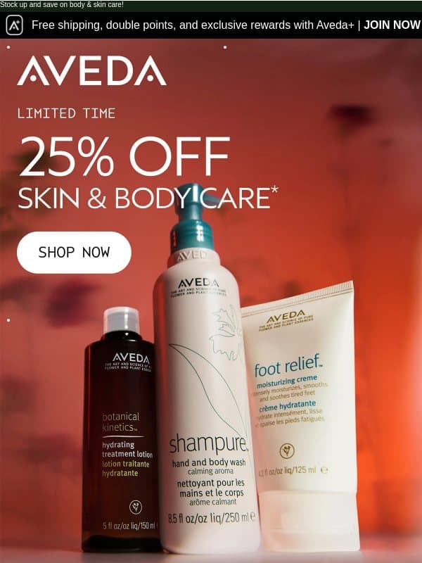 Get 25% off head to toe hydration đź’§ email from Aveda