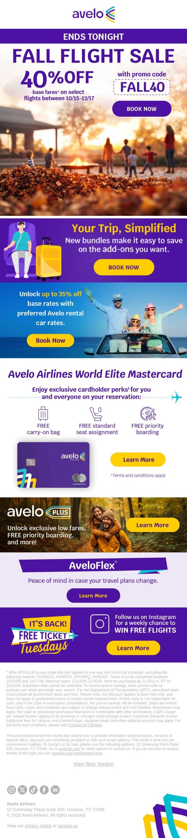 ⏰ Last Day to Save 40% OFF Flights email from Avelo Airlines screenshot