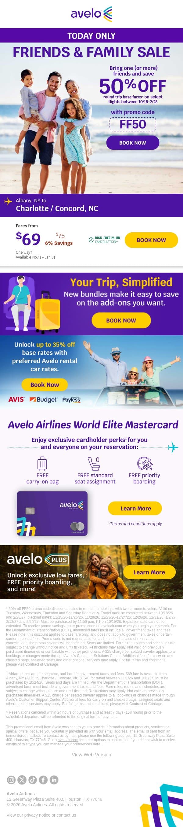 🏷️ Today Only: Bring Family & Friends, Save 50% email from Avelo Airlines screenshot