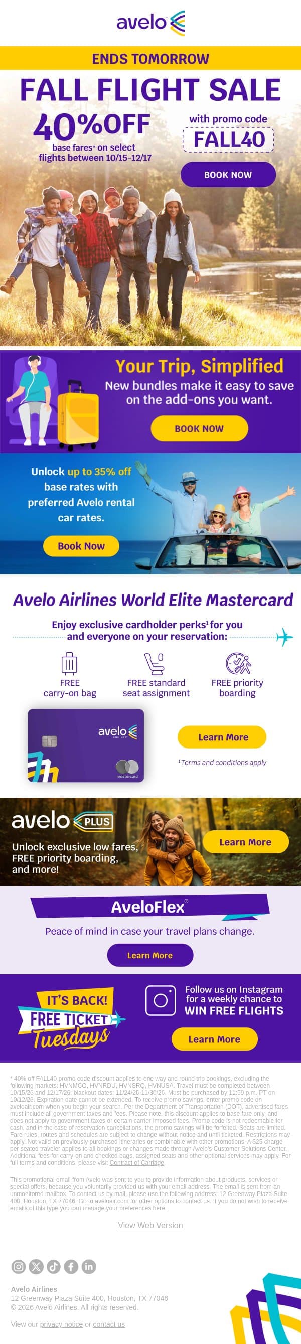 π Ends Tomorrow: 40% OFF Fall Travel email from Avelo Airlines screenshot