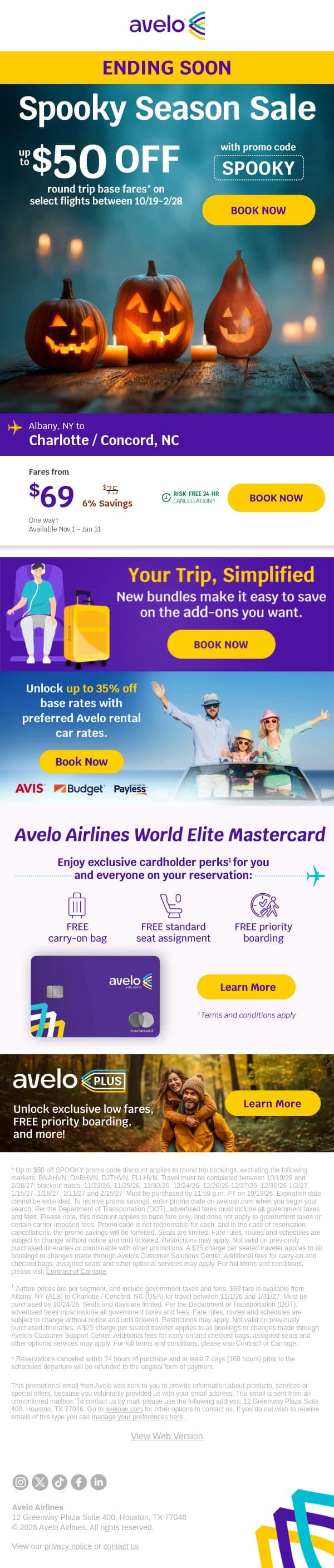 👻 Don't Wait! Spooky Season Savings Are Here! email from Avelo Airlines screenshot