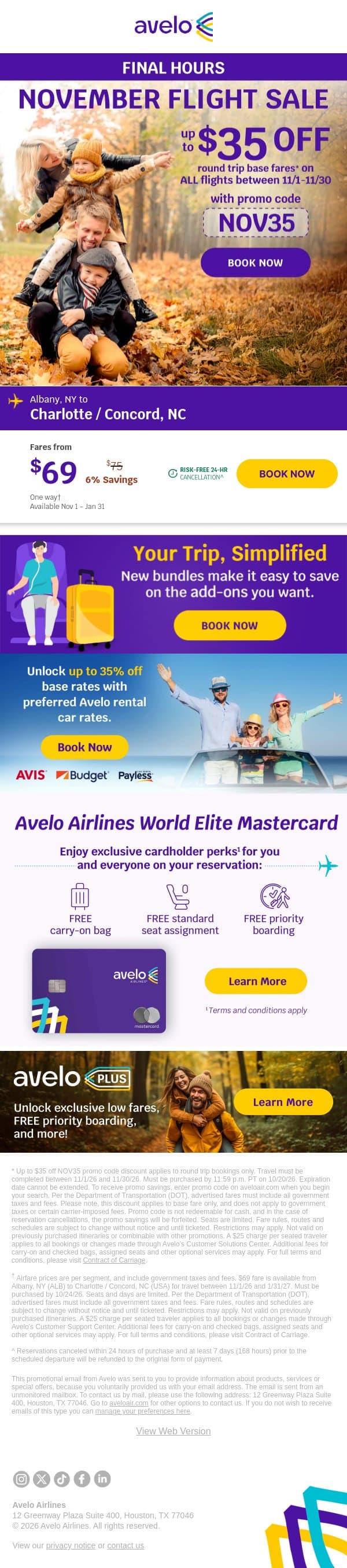 ⌛️ Last Call! November Travel, $35 OFF! email from Avelo Airlines screenshot