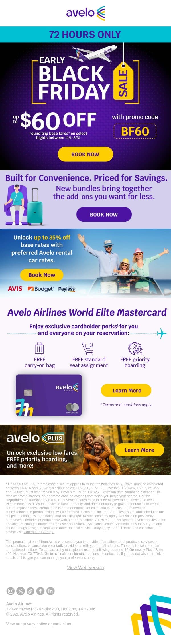 📣 Unlocked for YOU: Early Black Friday Savings - 72 Hours Only! email from Avelo Airlines screenshot