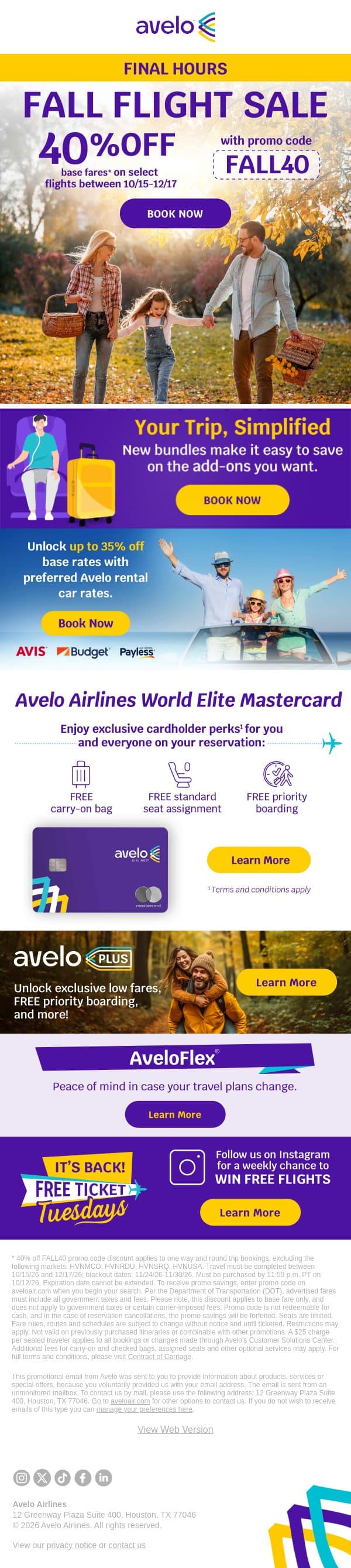 🚨 40% OFF Flights - Ends TONIGHT! email from Avelo Airlines screenshot