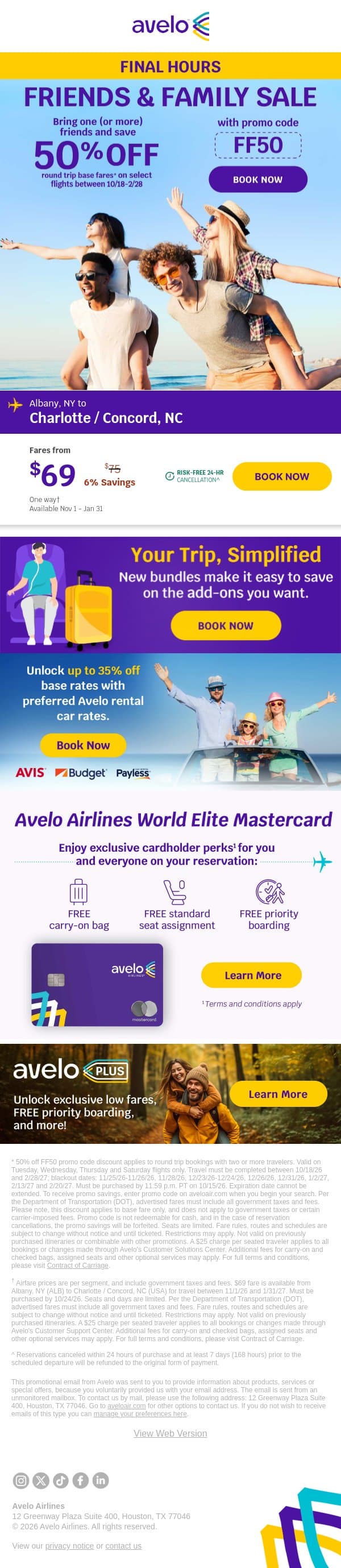 ⏳ Last Chance to Take 50% OFF during Friends & Family Sale email from Avelo Airlines screenshot