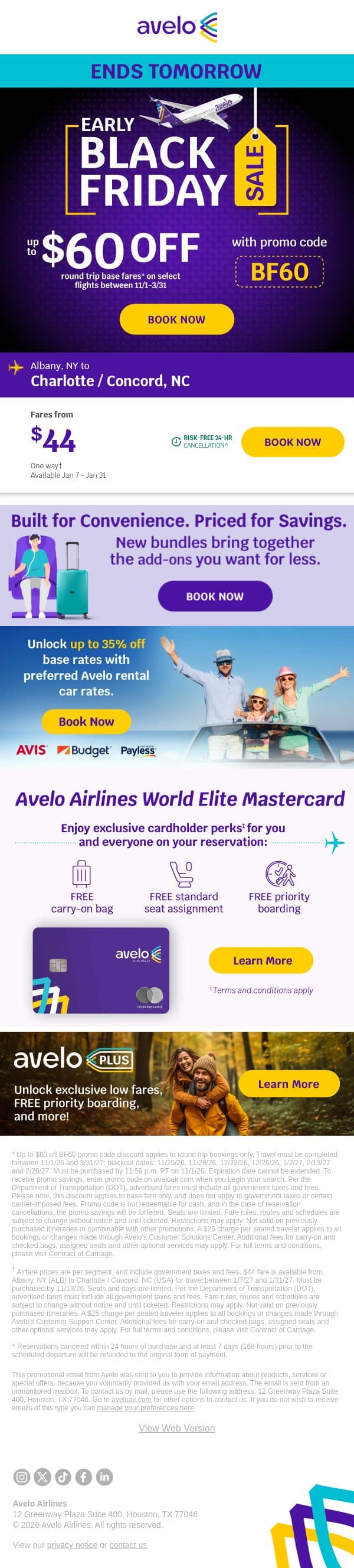 π Up to $60 OFF Flights - Ends Tomorrow! email from Avelo Airlines screenshot