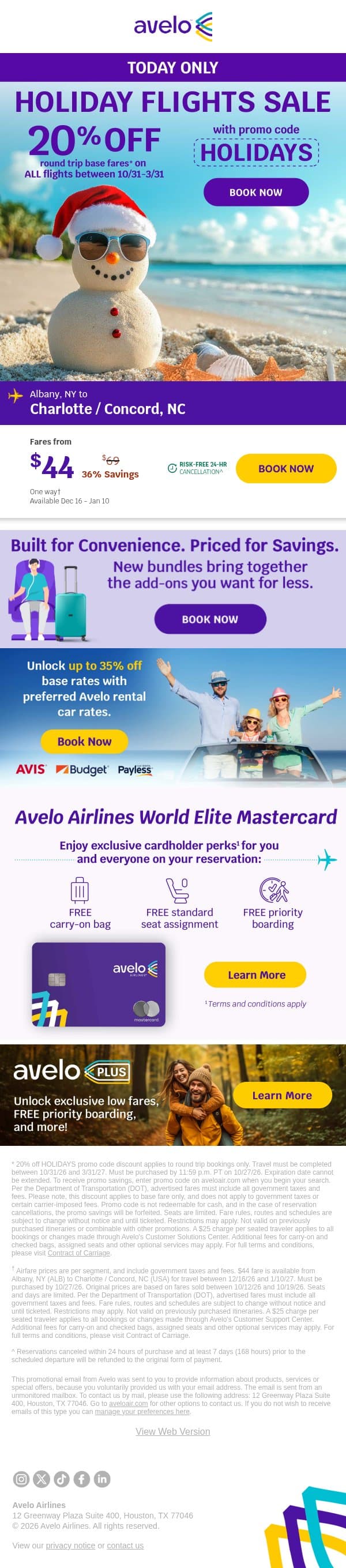 ๐ ALL Holiday Flights 20% OFF - Today Only! email from Avelo Airlines screenshot