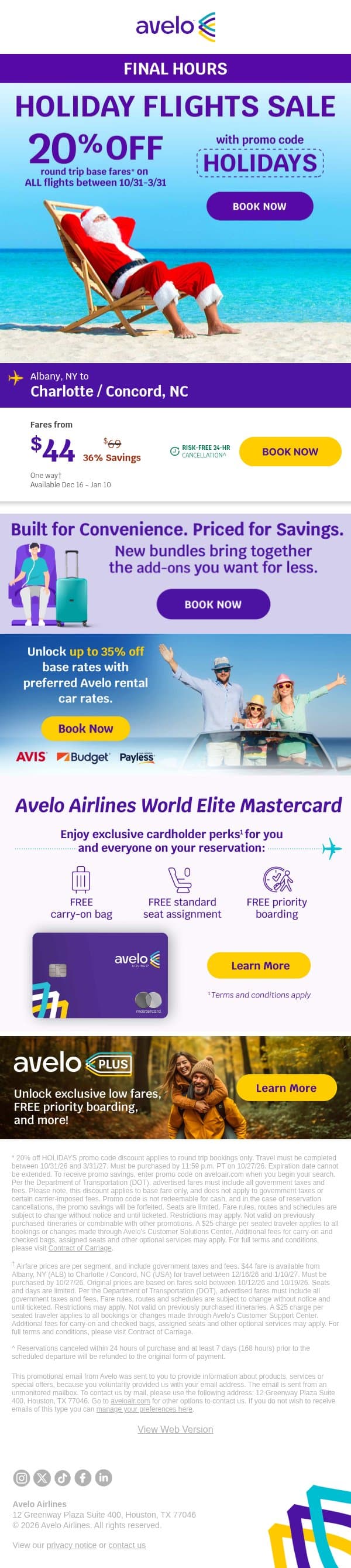 🚨 Last Chance! 20% OFF ALL Holiday Flights email from Avelo Airlines screenshot