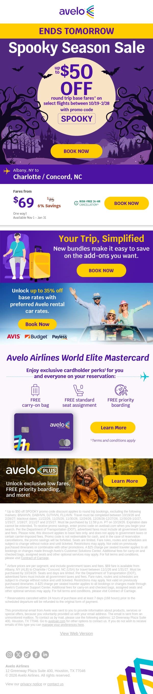 ✈️ $50 OFF Flights: Spooky Season Sale Ends Tomorrow email from Avelo Airlines screenshot