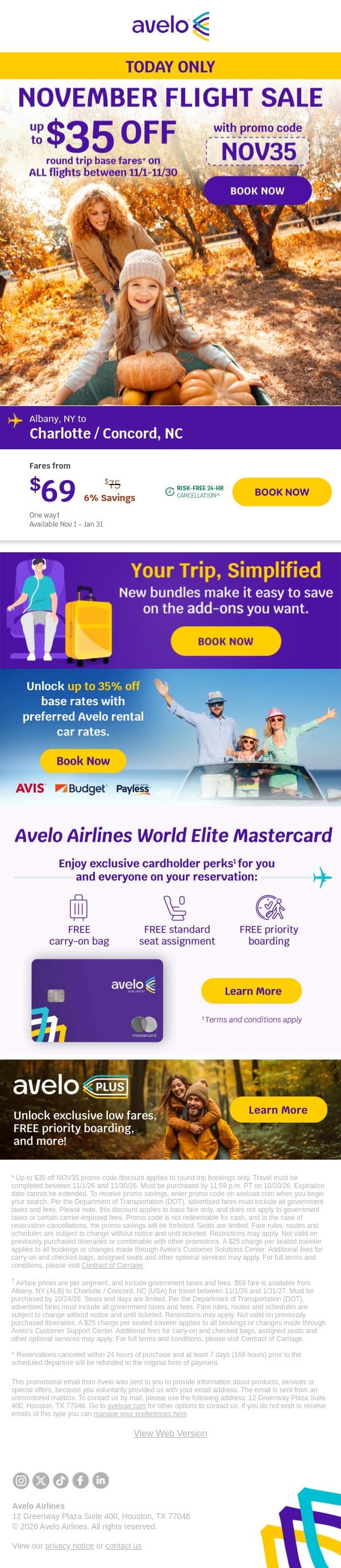 🍂 ALL November Flights on SALE! Today Only! email from Avelo Airlines screenshot