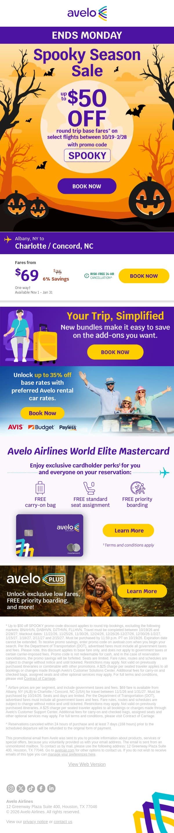 π $50 OFF Flights - Spooky Season Sale Starts NOW email from Avelo Airlines screenshot