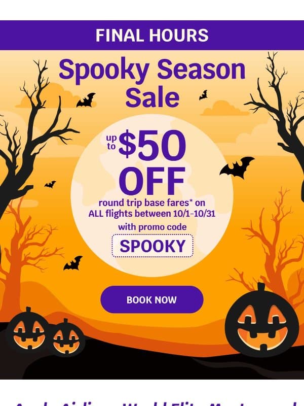 Ends at Midnight: $50 off ALL October Flights email from Avelo Airlines
