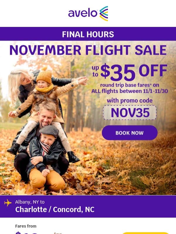 βοΈ Last Call! November Travel, $35 OFF! email from Avelo Airlines