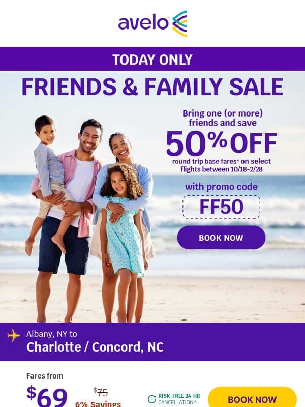 🏷️ Today Only: Bring Family & Friends, Save 50% email from Avelo Airlines