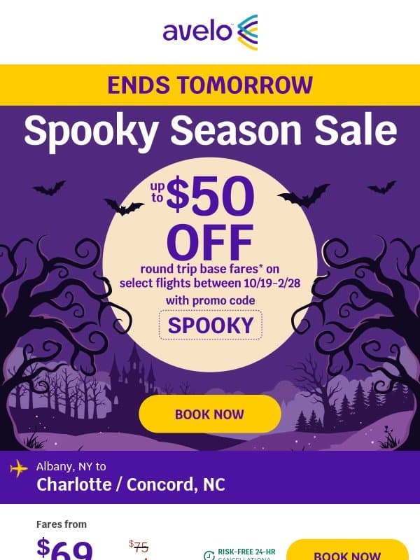 ✈️ $50 OFF Flights: Spooky Season Sale Ends Tomorrow email from Avelo Airlines