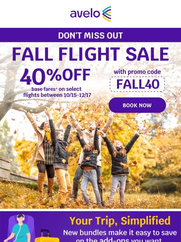 💸 40% OFF Flights: Don't Miss Out! email from Avelo Airlines
