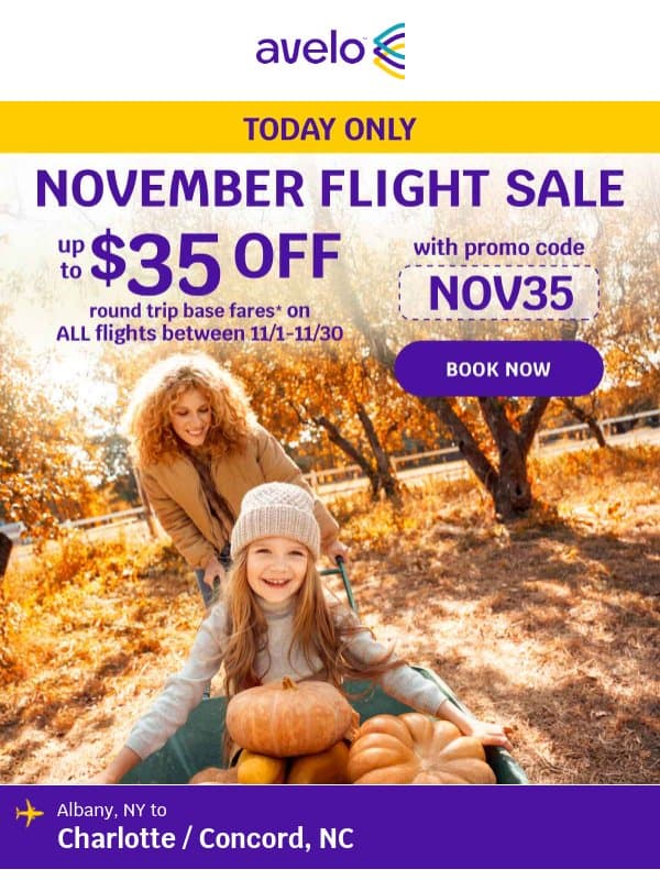 🍂 ALL November Flights on SALE! Today Only! email from Avelo Airlines