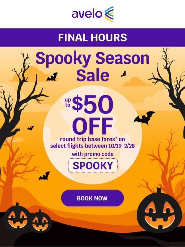 🚨 $50 OFF Flights: Final Hours to SAVE BIG email from Avelo Airlines