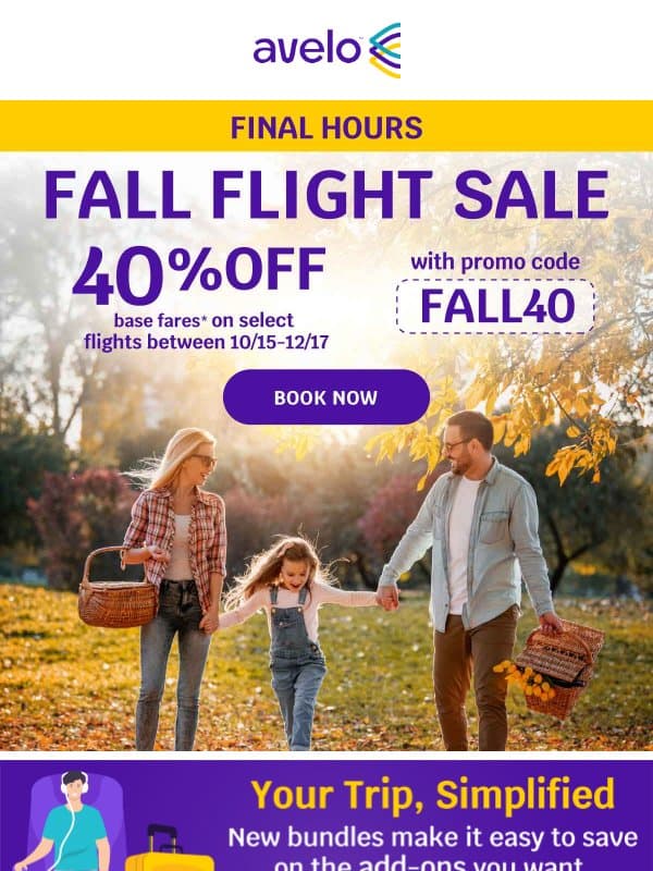 🚨 40% OFF Flights - Ends TONIGHT! email from Avelo Airlines
