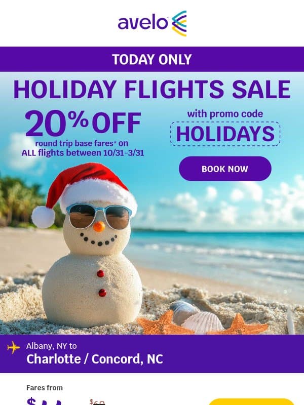 🎁 ALL Holiday Flights 20% OFF - Today Only! email from Avelo Airlines