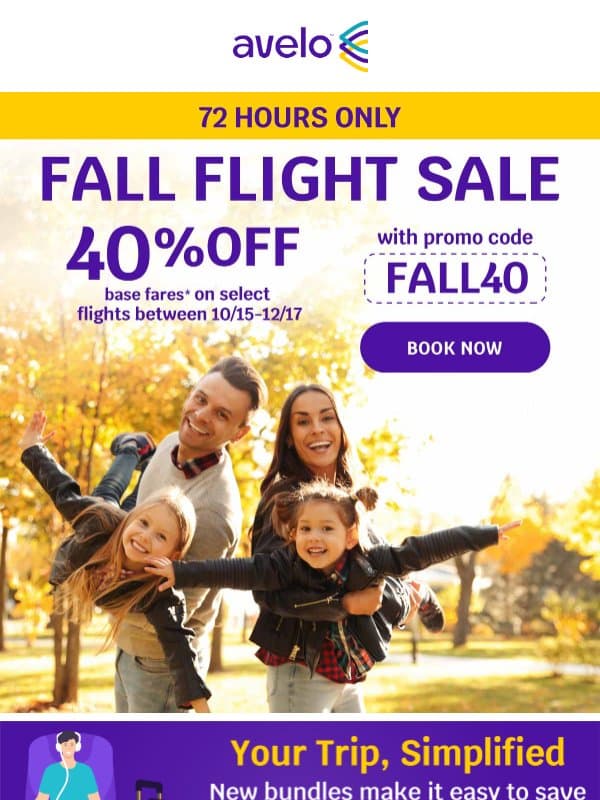 🍃 40% OFF Fall Flights - 72 Hours Only! email from Avelo Airlines