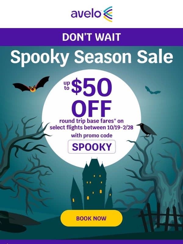 🕸️ $50 OFF Flights - Ends Monday! email from Avelo Airlines
