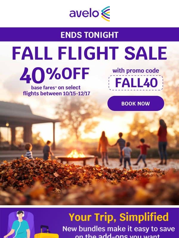 ⏰ Last Day to Save 40% OFF Flights email from Avelo Airlines
