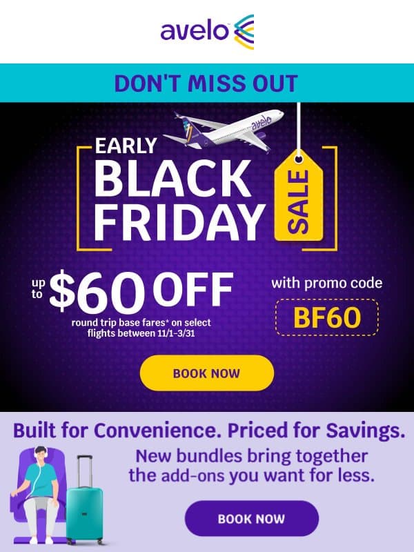💸 All Markets on SALE: Take up to $60 OFF Flights email from Avelo Airlines
