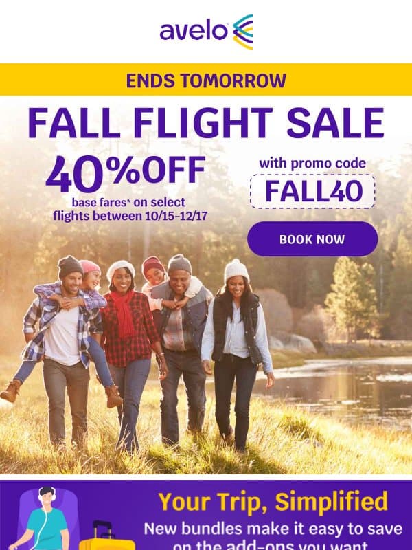 π Ends Tomorrow: 40% OFF Fall Travel email from Avelo Airlines