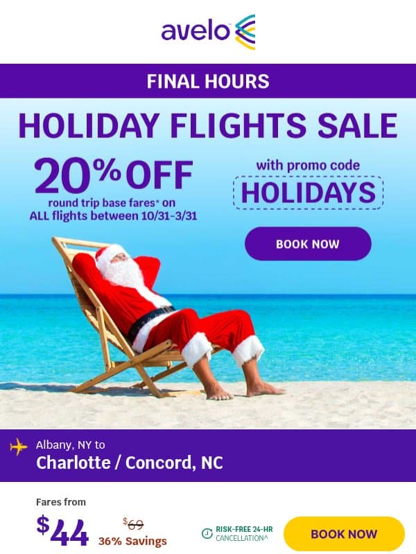 🚨 Last Chance! 20% OFF ALL Holiday Flights email from Avelo Airlines