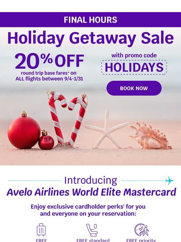 🚨 Last Chance to Save 20% on ALL Holiday Flights email from Avelo Airlines