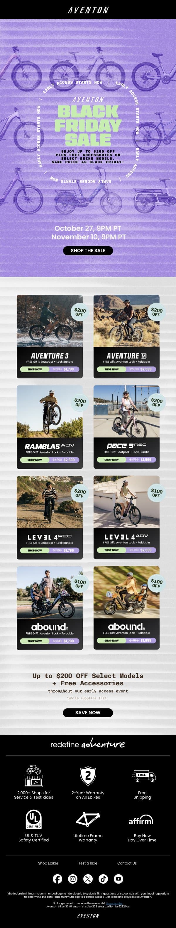 Early BFCM Starts NOW: Save up to $200! email from Aventon screenshot