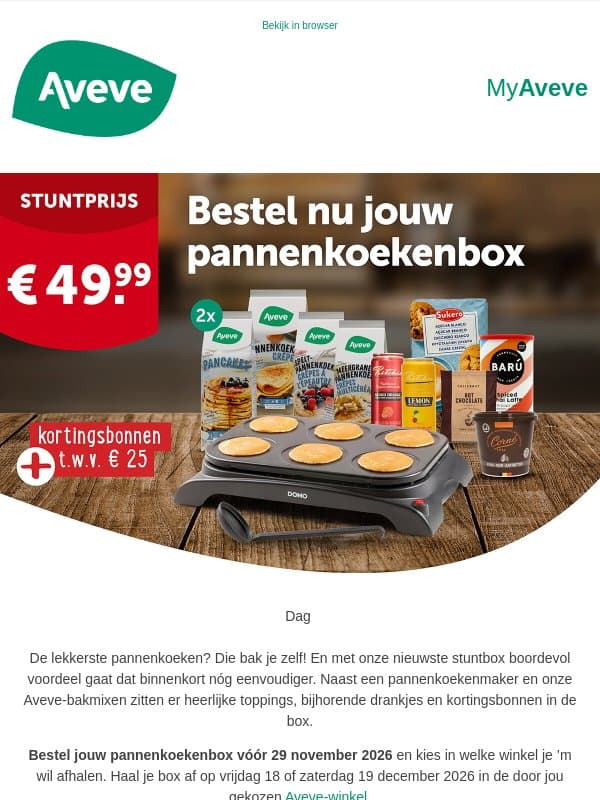 Niet te missen: pannenkoekenbox voor slechts € 49,99! 🥞 email from Aveve