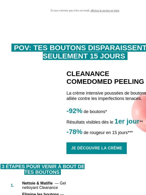 Poussées de boutons ? Passez à l’action ! email from Avène Cleanance