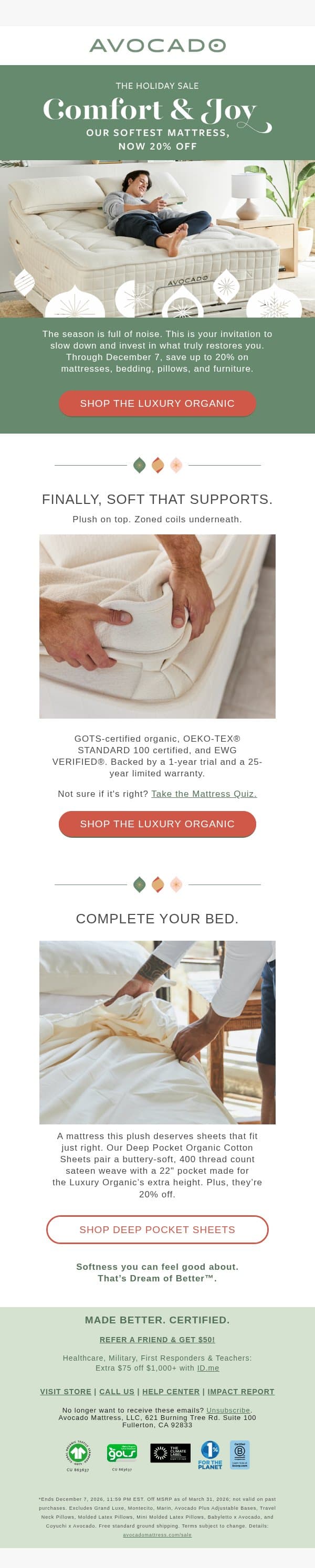 Want soft without the polyurethane foam? email from Avocado Green Mattress screenshot