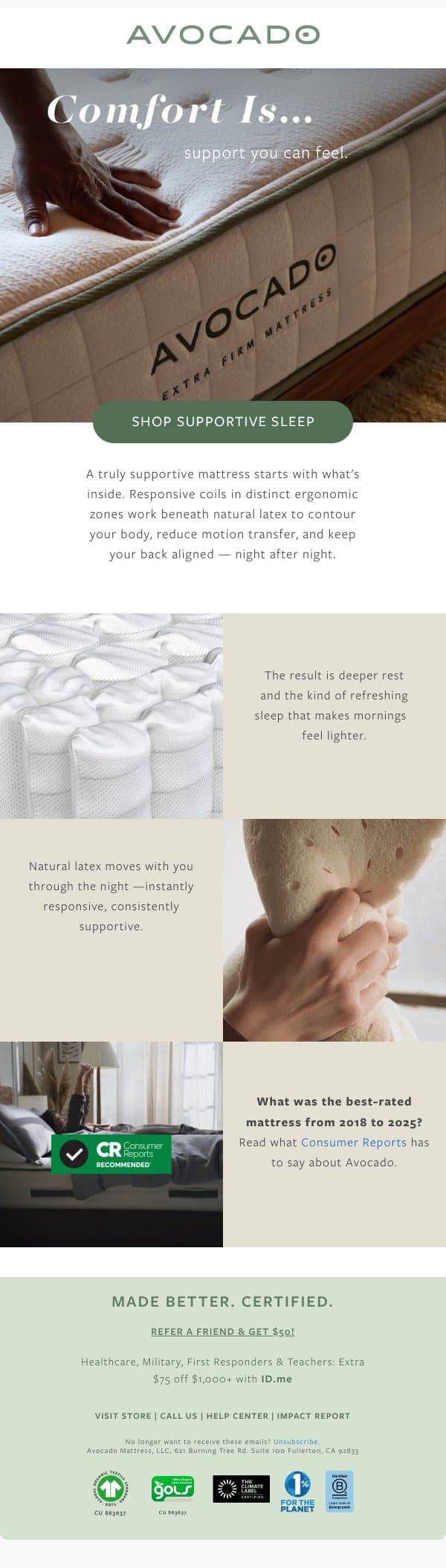 True Comfort Is Waking Up Without Aches email from Avocado Green Mattress screenshot