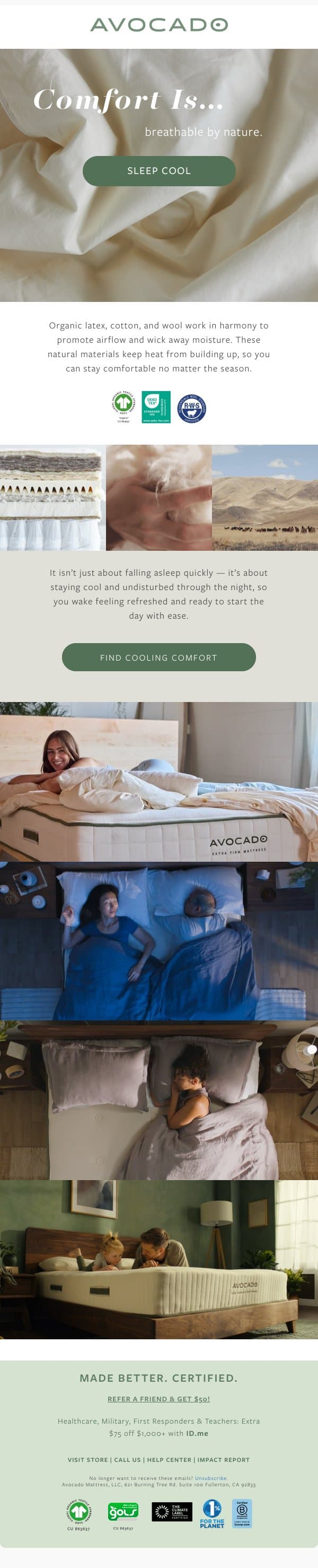 Comfort is cool, quiet, effortless sleep. email from Avocado Green Mattress screenshot