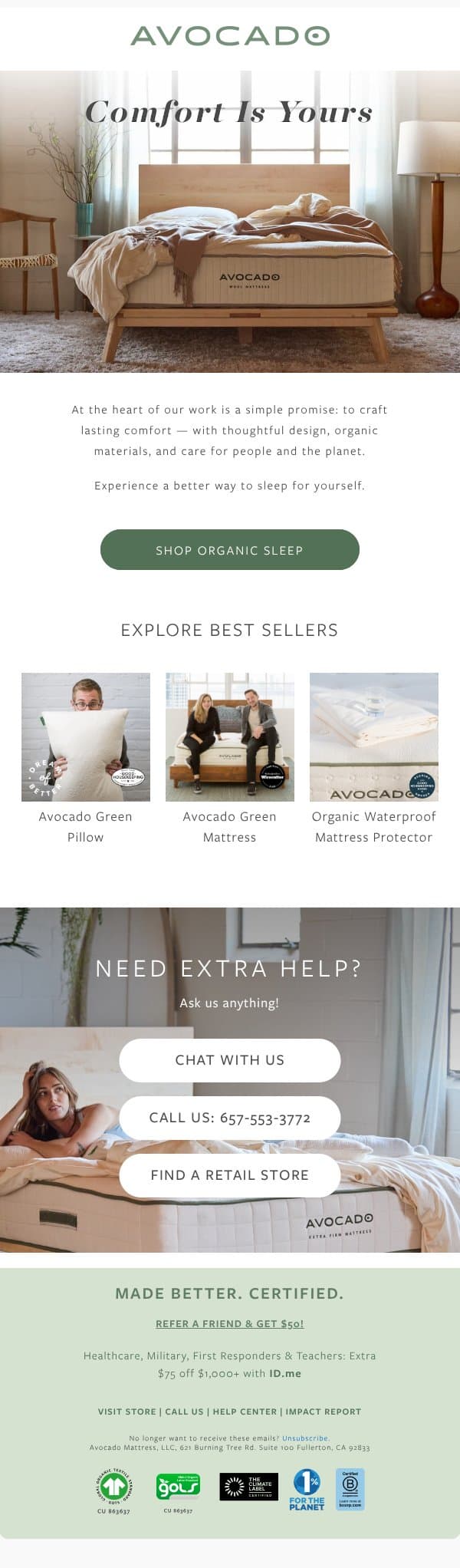 Comfort is waiting for you email from Avocado Green Mattress screenshot